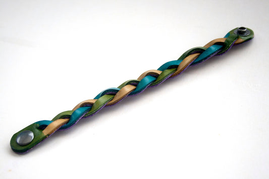 Handmade Leather Bracelet Yellow Green Blue Mystery Braid Impossible Magic Plait