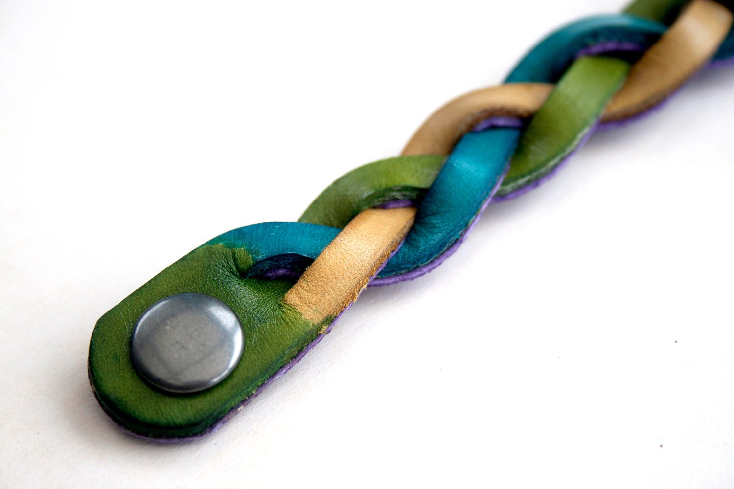 Handmade Leather Bracelet Yellow Green Blue Mystery Braid Impossible Magic Plait